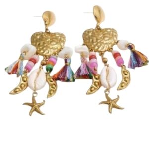 Seashell Heart Beaded Tassel Dangle Earrings | NWOT